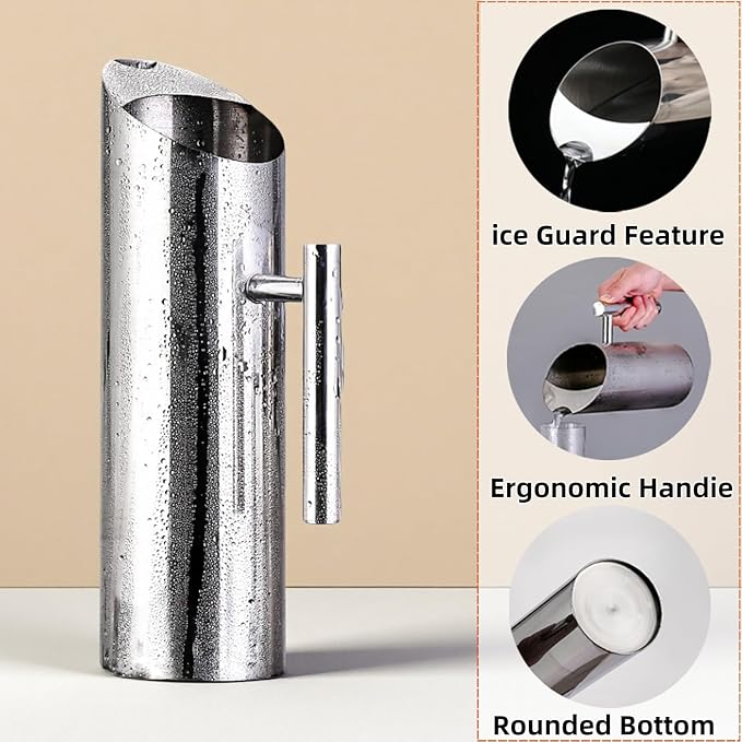 53oz/1.5L Stainless Steel Water Pitcher, Modern Metal Kettle with Ice Guard, Silver Carafe Drink Pitcher with Handle, Straight Bottle Beverage Container for Iced/Hot Tea, Juice, Coffee, Milk