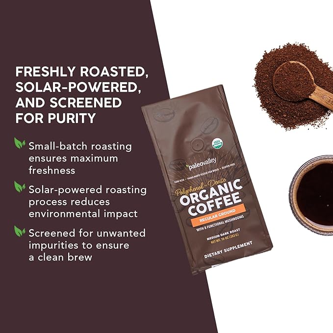 Paleovalley Organic Ground Coffee, 10oz - Regular, Low Acid, Single-Origin, Polyphenol-Rich, Infused with Mushrooms