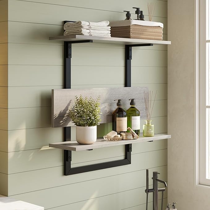 Bestier Floating Shelves for Wall, 24 inch Kitchen Shelves Wall Mounted, 3 Tier Coffee Bar Shelf with Foldable Brackets, Industrial Display Shelf for Bathroom, Living Room, Retro Grey