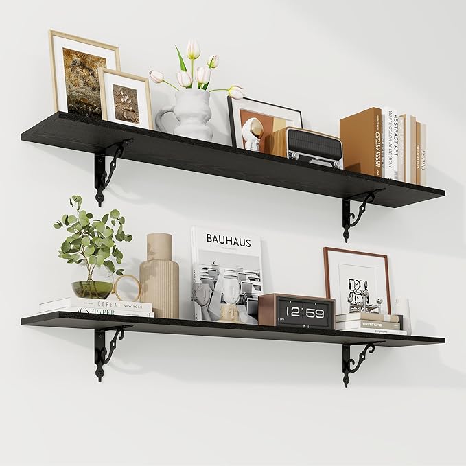 RICHFOCUS Floating Shelves for Wall Decor, 47.3W x 8D Shelves Set of 2, 8 Inch Deep Rustic Wood Shelves Wall Mounted with Brackets, Long Floating Shelves for Living Room Bedroom Kitchen, Black