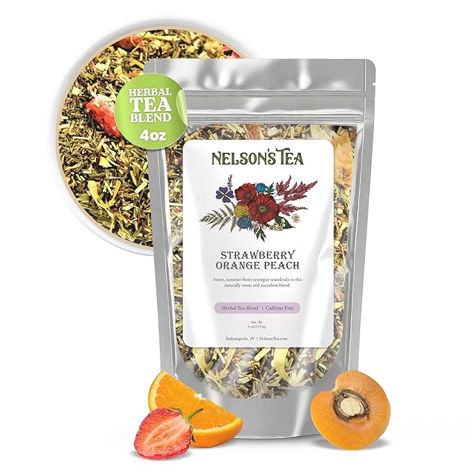 Nelson's Tea Strawberry Orange Peach - Caffeine Free Herbal Rooibos Loose Leaf Tea - Irresistable Blend of Green Rooibos, Orange Peel, Marigold and Strawberries - Fruit Loose Leaf (4 oz)