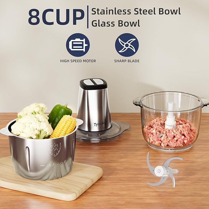 Electric Food Processor Vegetable Chopper, Kitchen Aid Easy Clean Meat Grinder with 2 Bowls (8 Cup Stainless Steel+8 Cup Glass), Small Food Mixer for Fruits/Meat/Nuts/Fish/Vegetable/Pet Food/Baby Food