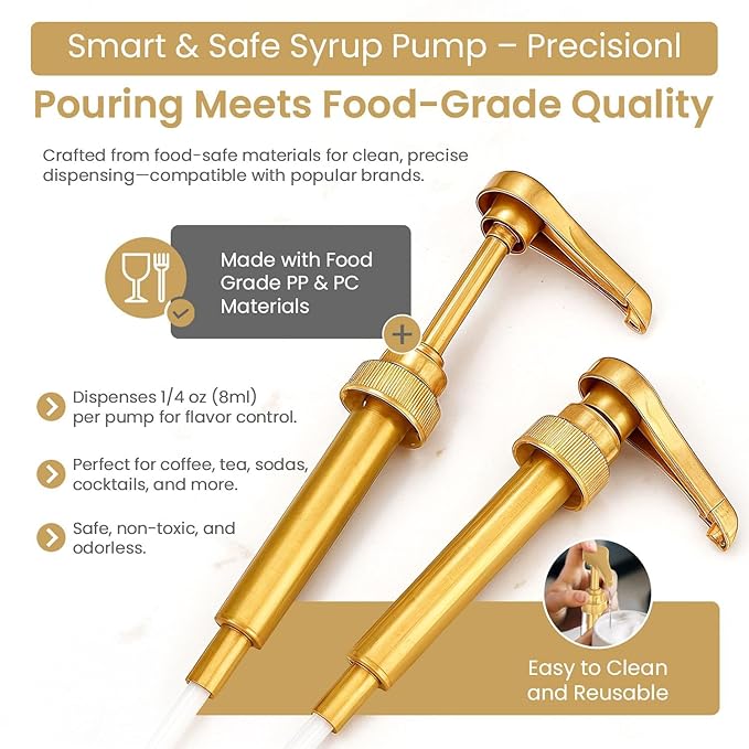 Syrup Pump for Coffee Syrup Bottles – 2-Pack Dispenser Pumps Fits 750ml / 25.4 oz Flavoring Syrup Bottles – Compatible with Torani & More – Gold Coffee Syrup Dispenser Pump for Home & Cafe Use