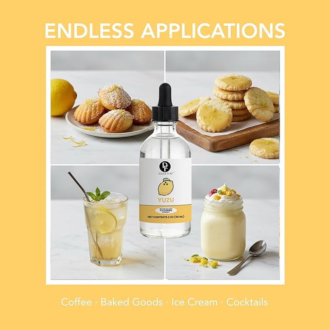 Dolce Flav Natural Yuzu Flavoring – Bright, Citrusy Japanese Lemon-Grapefruit Taste | 2 oz Extract for Baking, Beverages & Desserts | Graduated Dropper Included | Water-Soluble & Kosher | Made in USA