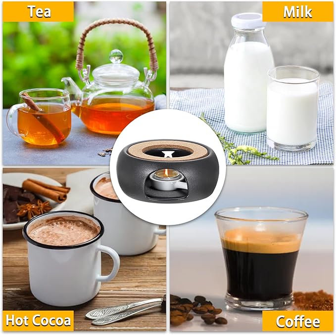 BSTKEY Teapot Warmer, Ceramic Tea Warmer with Tealight Holder and Cork Cushion, Teapot Heater for Heating Coffee Milk Tea (Black, Star Style)
