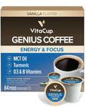 VitaCup Genius Vanilla Keto Coffee Pods w/MCT Oil, Turmeric, B Vitamins, & D3 for Energy & Focus in Recyclable Single Serve Pod Compatible with K-Cup Brewers Including Keurig 2.0, 64 CT