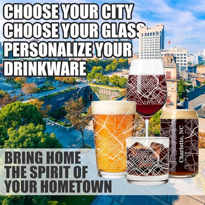 Blue Ridge Mountain Gifts - Charlotte Souvenir - North Carolina Glassware Gift, Etched City Map, Laser Engraved and Dishwasher Safe