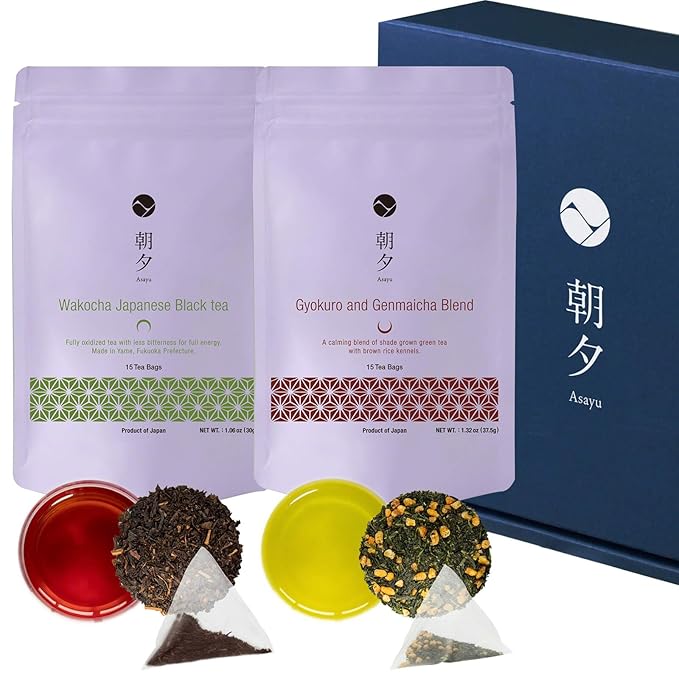 Asayu Japan Green - Timeless Brew Gift Set (Wakocha and Genmaicha with Gyokuro) 30 Tea Bags 100% Made in Japan, Japanese Black Tea and Roasted Brown Tea with Gyokuro Powder - Timeless Brew Japanese Tea Set