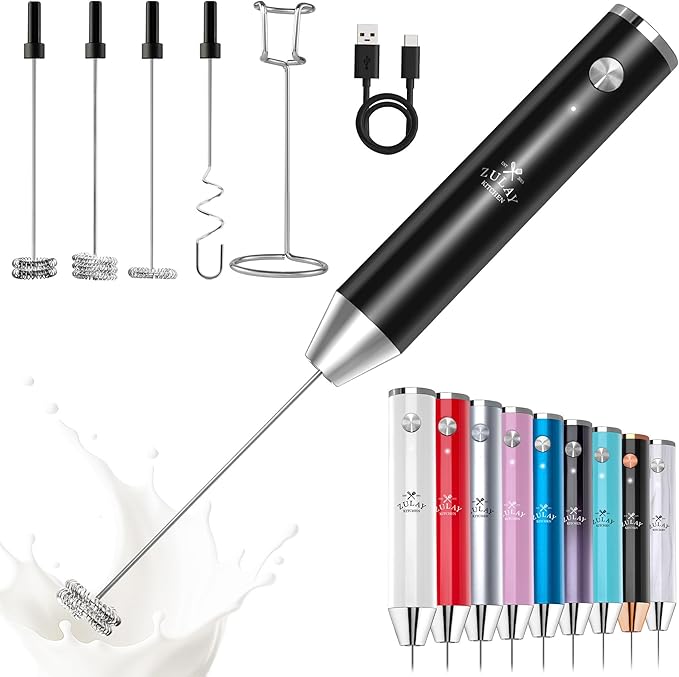 Zulay Kitchen Lux Electric Milk Frother Rechargeable Handheld - 4 Whisks, Powerful 2-Speed Motor, Waterproof, 2000mAh Battery - Drink Mixer for Latte, Cappuccino, Matcha & Protein Powder - Jet Black