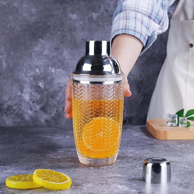 Cocktail Shaker, 14.37oz Mixed Drink Shaker with Glass Cup, Professional Bar Tool with Scale Glass (Hexagon)