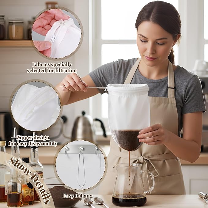 3 Pack Fine Mesh Strainer Bags Stainless Steel Handle 9.5" x 5.3" Large Reusable Cloth Tea Filter Sock Traditional Thai Tea Filter with Reusable Strainer Bag (Small)