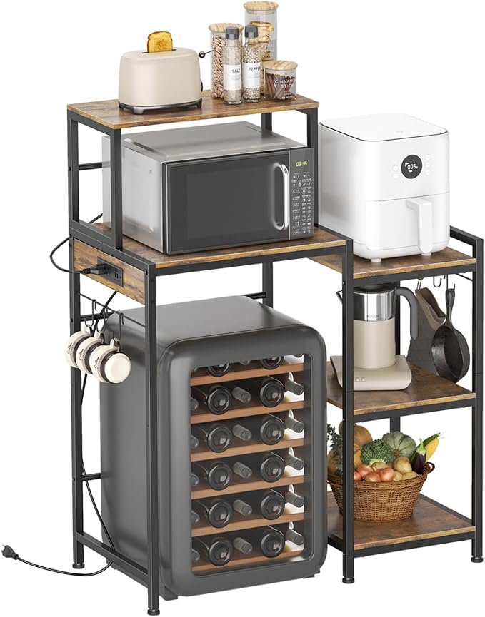 Mini Fridge Cabinet with Storage Shelves, Microwave Stand with 2 AC/2 USB Outlets, Coffee Bar Cabinet with Mini Fridge Space, Utility Storage Shelf for Home Kitchen Dorm Office