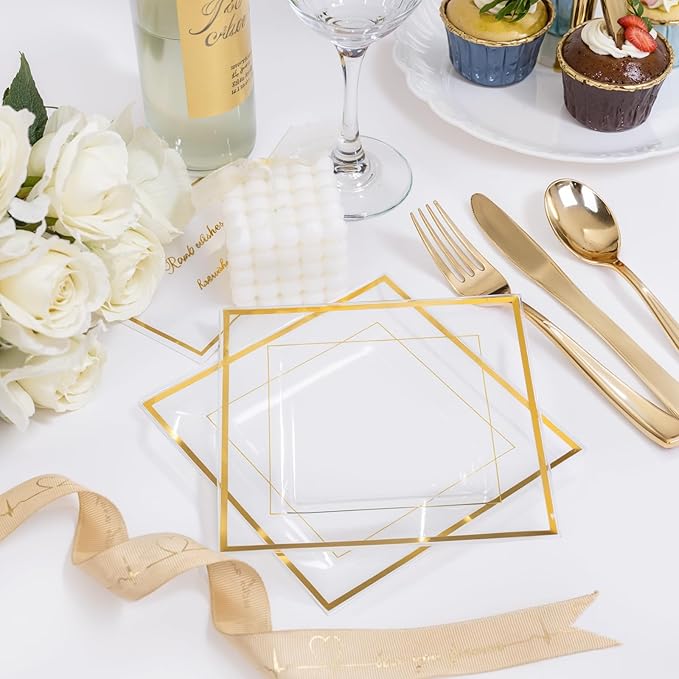 bUCLA 100PCS Clear Gold Plastic Square Plates - 6 Inch Clear Disposable Dessert/Cake Plates with Gold Trim - Ideal for Weddings,Birthday&Party