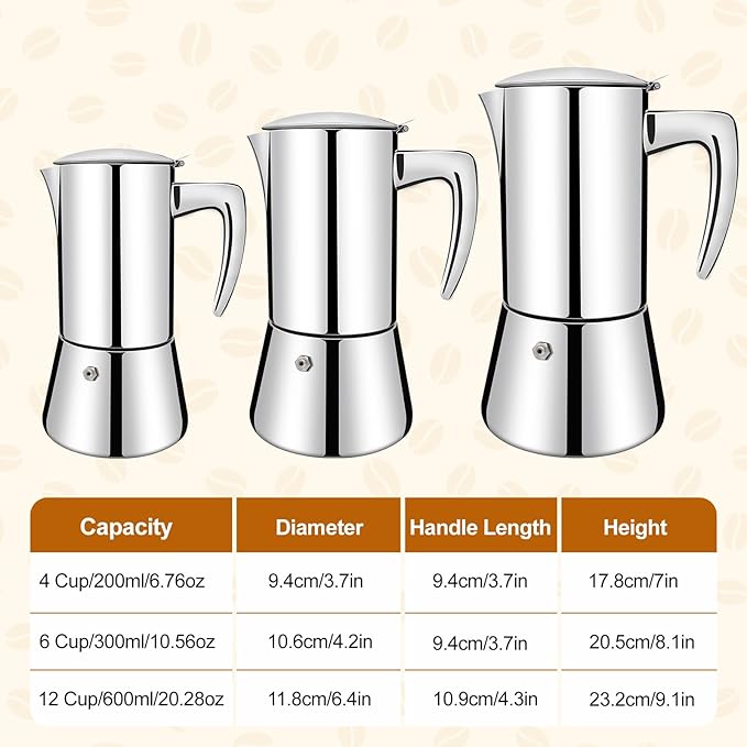 No Coating 4 Cup Thickened 304 Stainless Steel Moka Pot Stovetop Espresso Maker Italian Coffee Machine 200ml 6.8oz Suitable for Gas Induction Stovetop Greca Coffee Maker Percolator