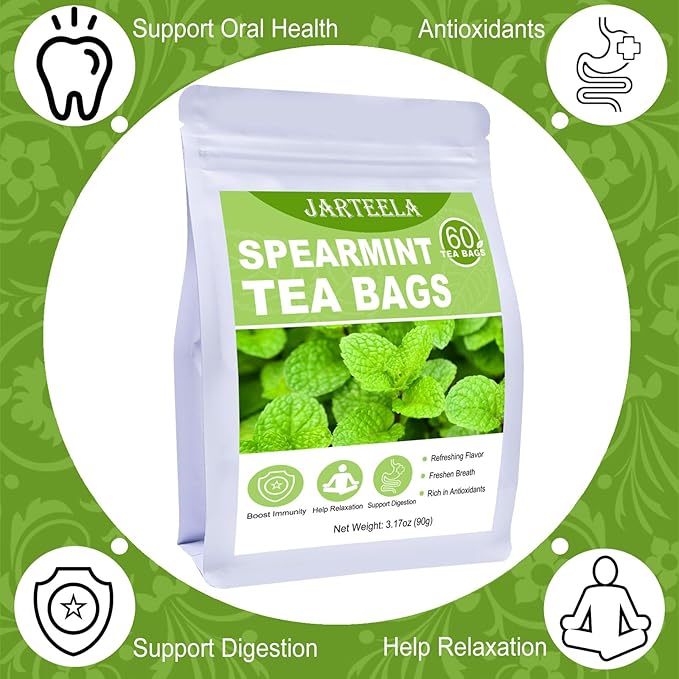 Jarteela - Spearmint Tea Bag, 1.5g x 60 Count - Pure Spearmint Leaves - Natural Herbal Tea Bags for Digestion - Non-GMO - Caffeine-free Tea