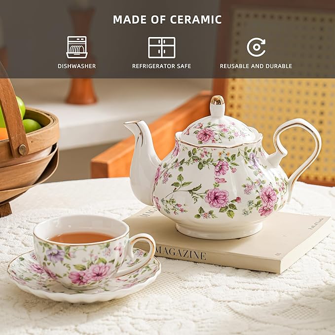 Flower Ceramic Teapot,22oz Porcelain Tea pot for Tea Coffee Milk for Office Home Men Women as Gift (White and big flowers)