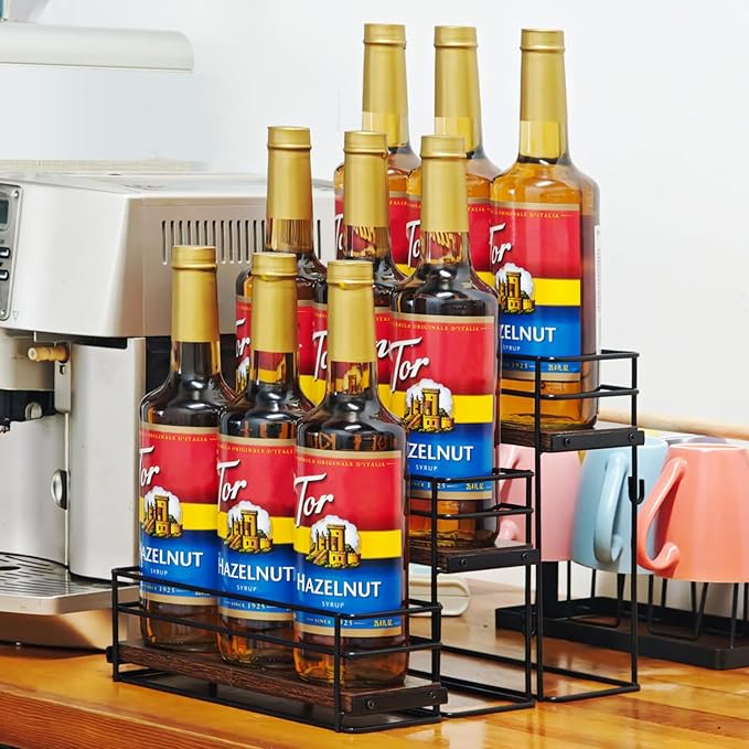 9 Bottle Coffee Syrup Rack Organizer 2 Tier Syrup Holder Stand for Coffee Bar Syrup Storage Shelves for Bar Family Storage Small Wine Rack for Syrup Wine Dressing