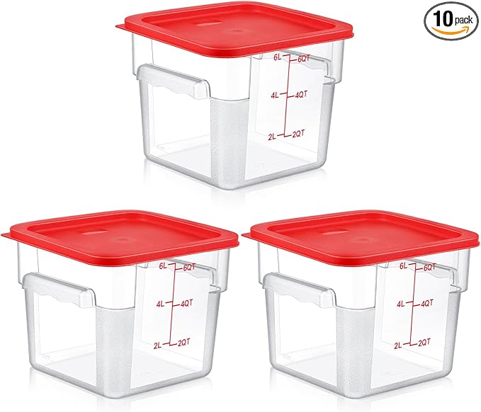 10 Sets 6 Qt Square Food Storage Containers with Lids Commercial Polycarbonate Containers Dough Proofing with Scale Clear Airtight Cereal for Pantry Home Restaurant