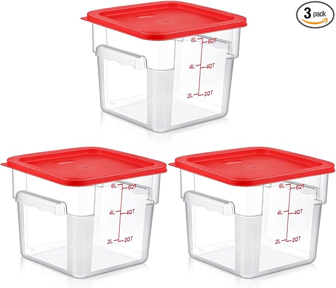 3 Sets 6 Qt Square Food Storage Containers with Lids Dough Proofing Bucket Commercial Polycarbonate Containers with Scale Clear Airtight Cereal for Pantry Home Restaurant (Red)