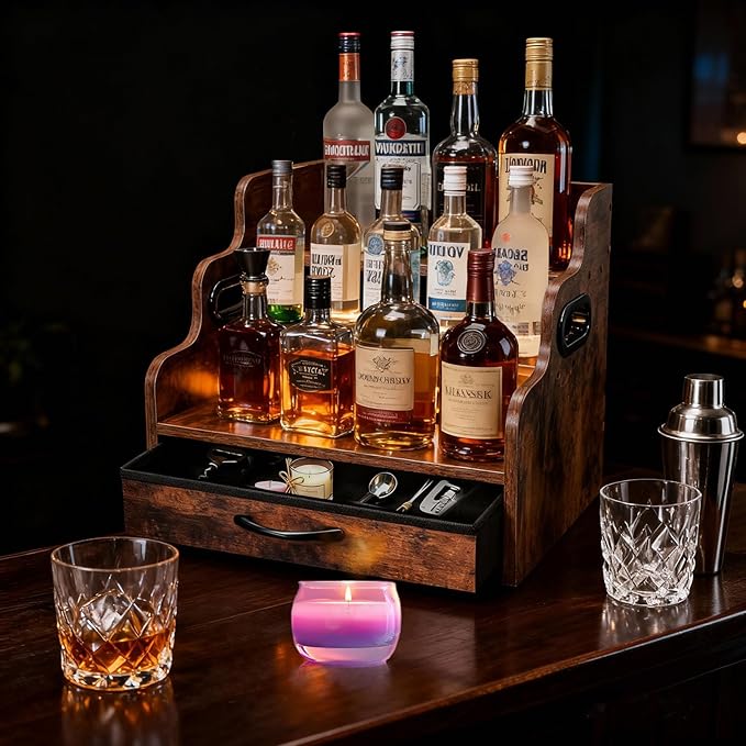 3-Tier Liquor Bottle Display Shelf with Drawers- Holds 12 Bottles & 36 K-Cups, Countertop Wine Rack, Coffee Syrup Rack, for Mini Bar, Whiskey, Spice Rack