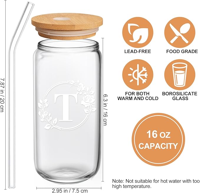 Birthday Gifts for Women, Monogrammed Initial Glass Cup Personalized Gifts for Women, 16oz Glass Cups with Lids and Straws, Iced Coffee Cup, Beer Can Shaped Glass - Gifts for Christmas, Birthday, T