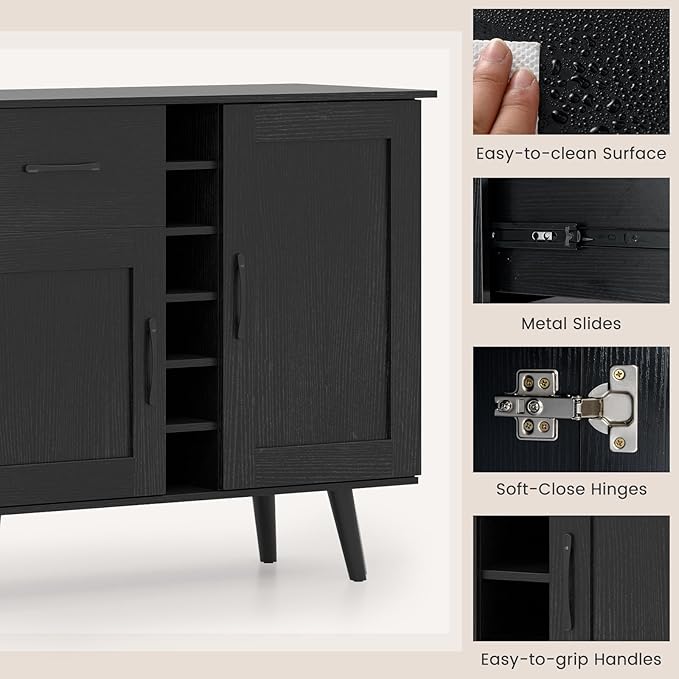 Buffet Cabinet with Storage, Liquor Cabinet w/ 6-Bottle Wine Rack, 1 Drawer & 2 Doors, Wood Buffets & Sideboards, Farmhouse Coffee Bar Table for Kitchen, Dining Living Room, Entryway (Black)