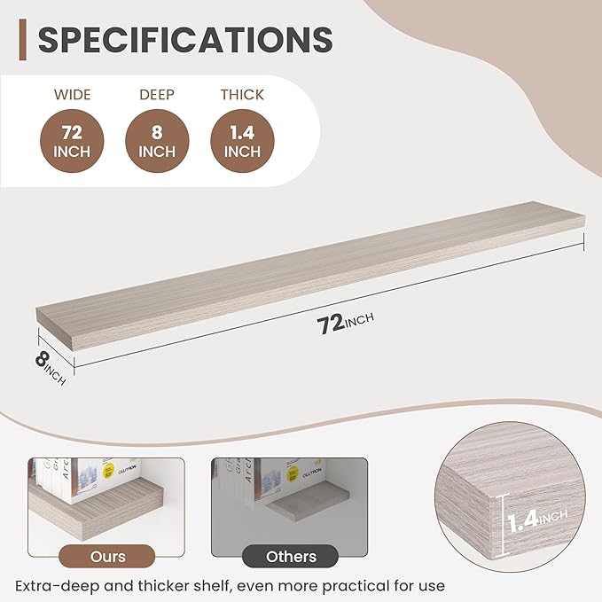 72 Inch Floating Shelves, 8 Inch Deep Floating Shelves for Wall, Hanging Shelf with Invisible Brackets, Deep Shelves for Bathroom, Bedroom, Living Room, Grey, Set of 1