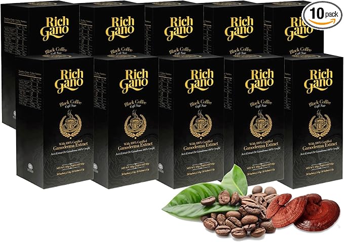 Rich Gano Reishi Mushroom Coffee – (10 Boxes of 30 Sachets) Black Coffee with Ganoderma Extract – All Natural Vegan Friendly Instant Coffee Packets – Zero Jitters Energize Ganoderma