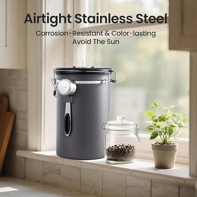 Veken Coffee Canister, 39OZ Large, Airtight Stainless Steel Food Storage Container for 2.2lbs Coffee Beans,Ground, Sugar,Espresso,Rice,Tea,Flour, Cereal,Home Kitchen Pantry Bar Accessories, Gifts,Gray