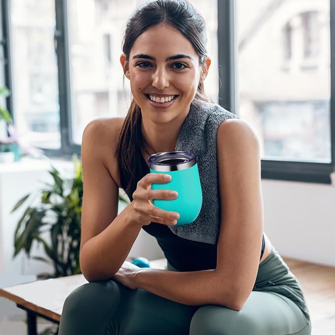 12 oz Insulated Wine Tumbler with Lid and Straw,Stainless Steel Stemless Wine Tumbler Double Wall Vacuum Wine Cups Tumbler Bulk for Coffee,Champaign,Cocktail,Office(Orange/Teal/Purple/Sky blue)