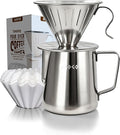 AGOGO Portable Pour Over Coffee Maker V60 Set - Easy Cleaning Compact 304 Stainless Steel Dripper for Camping & 50 Filters Paper & Cleaning Rag Silvery 20 oz