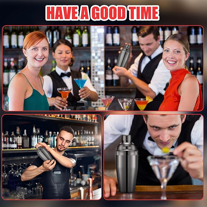 Nitial 9 Pcs Bar Cocktail Shaker Professional Stainless Steel Martini Drink Mixer Built-in Strainer for Bartending No Leaks Boston Shaker for Bar Party Drink Tool (Black,18.6 oz)