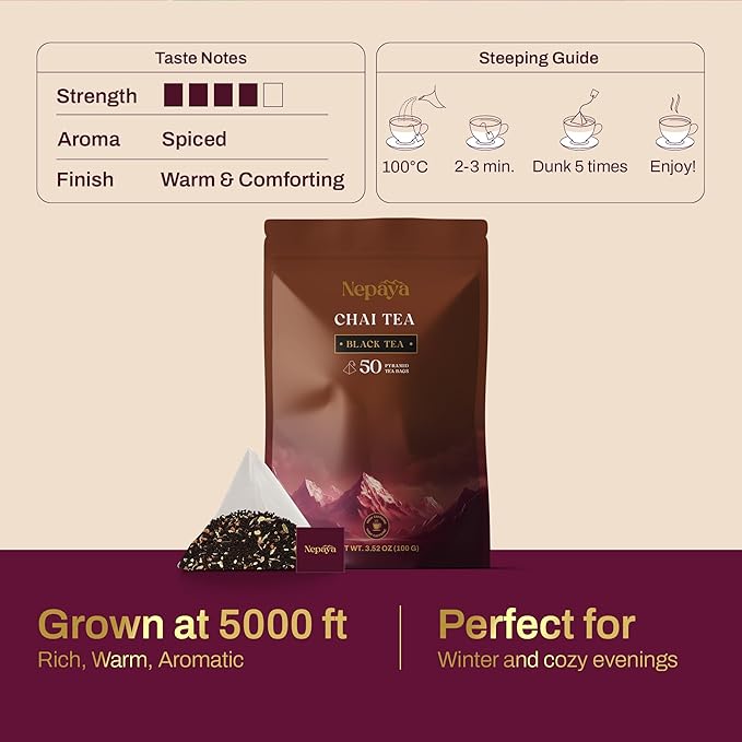 Nepaya Masala Chai – 50 Pyramid Black Tea Bags, Spiced with Ginger, Cardamom & Cinnamon, Biodegradable, High Caffeine, Himalayan Whole-Leaf