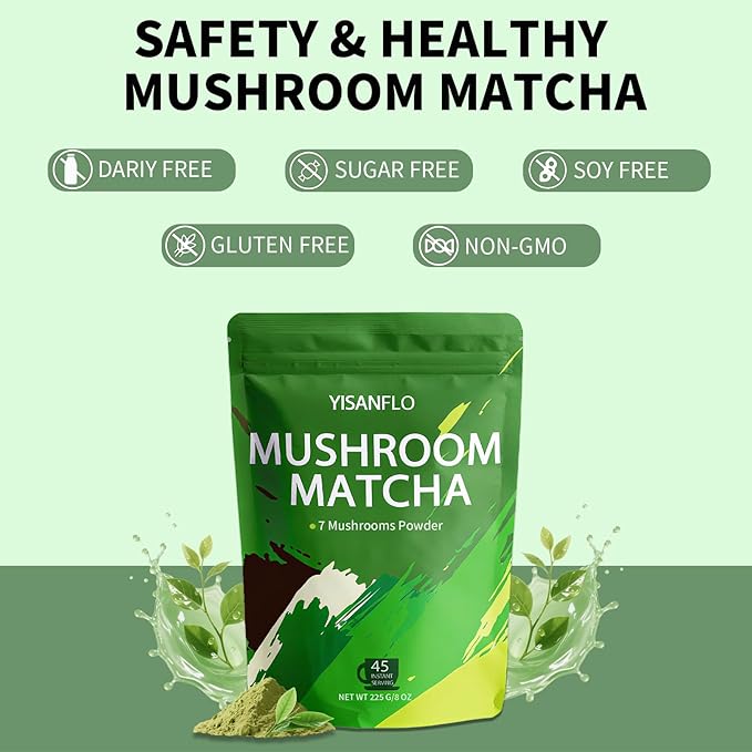 YISANFLO 7-in-1 Mushroom Matcha for Energy, Focus, Digestion, Immunity, Turkey Tail, Shiitake, Lion's Mane, Ceremonial-Grade Matcha 8 Oz(45 Servings)