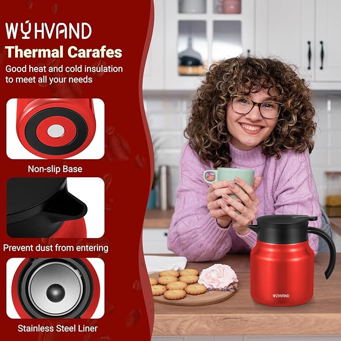 27Oz Thermal Coffee Carafes For Keeping Hot/Cold, Stainless Steel Coffee Carafe, Dustproof Insulated Water Carafe for Party/Home,Red