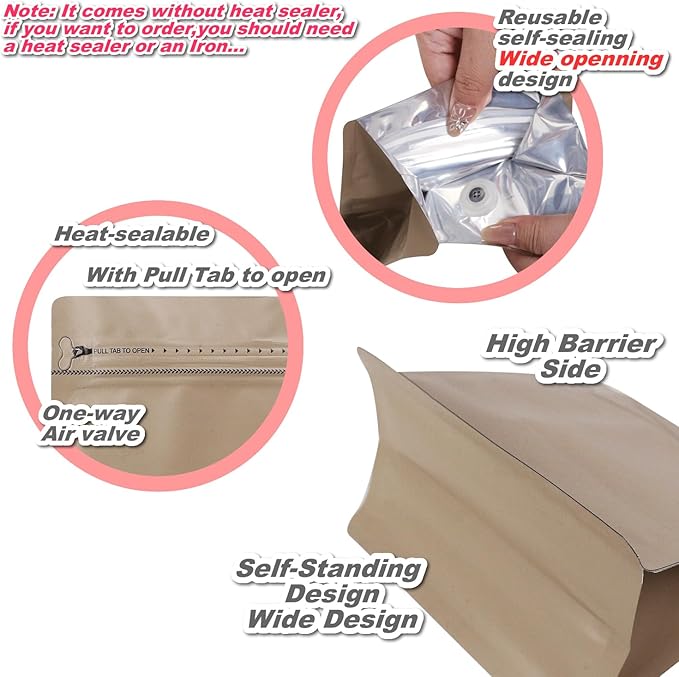60 Pack High Barrier Stand-Up Coffee Bean Bags with Vented Valve Matte Metallic Heat-Sealable & Resealable Solid Color Pouches (Square,5.3 * 5.5 inch,1/4 lb,Light Brown)