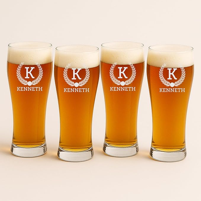 Froolu Customized Gifts for Men - Personalized Beer Glass Set w Engraved Coasters - Monogram Etched Pilsner Glasses Great for Family Home Bar - Valentine's, Housewarming, Christmas & More.