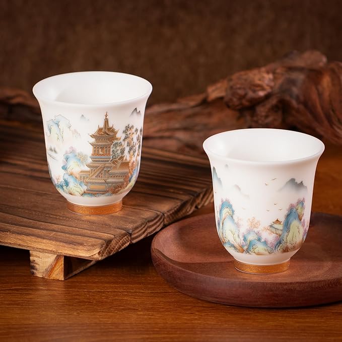 KAMMAK Ceramic Tea Cups Small, Cute Vintage Coffee Cup Set of 2, Porcelain Teacups Espresso Mug, 4.1oz Hand Painted Chinese Afternoon Tea Party Mugs, Birthday Gift for Women Men, Spring Beauty