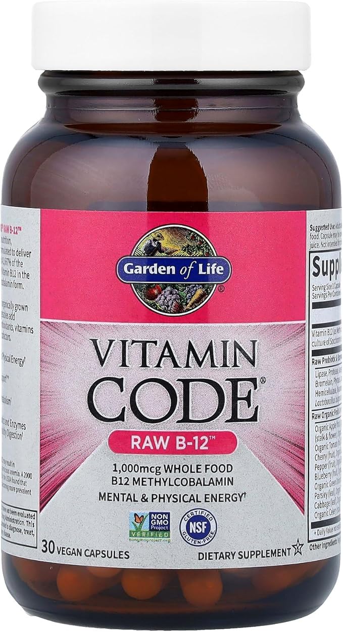 Garden of Life Vitamin Code Raw B-12-30 Capsules, 1,000mcg Whole Food B12 Methylcobalamin for Energy, Vegan Methylcobalamin Vitamin Plus Probiotics and Enzymes, Gluten Free Supplements