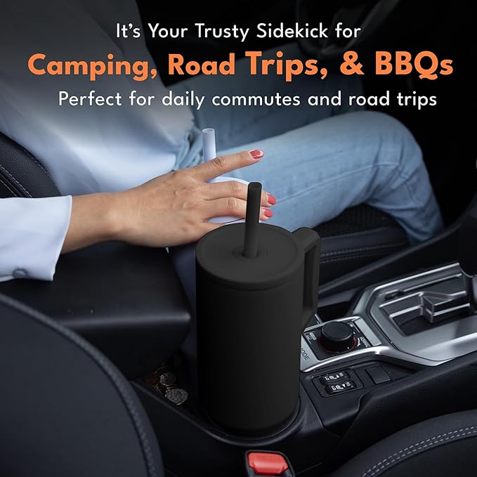 Elemental 40 oz Tumbler with Handle and Straw - Spill Proof Insulated Stainless Steel Commuter for Hot and Cold Beverages - Travel Coffee Mug with 2 Straws & Spill Proof Lid - 40oz - Black