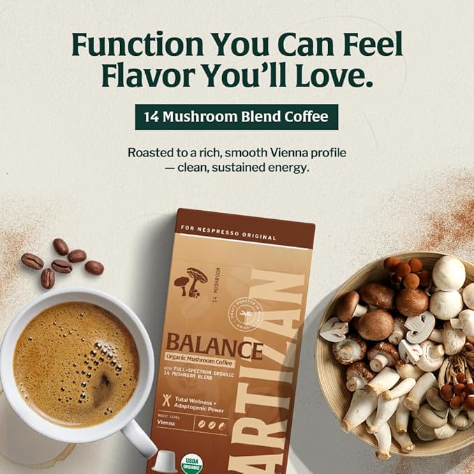 Artizan Organic 14-Mushroom Blend Coffee Pods for Nespresso Original Line | Total Wellness + Adaptogenic Power | 40 Compostable Espresso Capsules