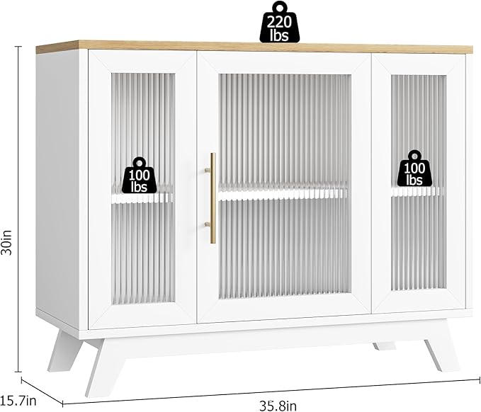 GarveeHome 36 Inch Coffee Bar Buffet Cabinet with Fluted Glass Doors and Gold Handles, Modern Sideboard Storage with Adjustable Shelves, for Kitchen Dining Room Living Room Entryway