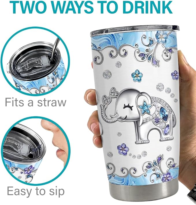 SANDJEST Elephant Tumbler 20oz Jewelry Drawings Stainless Steel Insulated Tumblers Elephants Gifts for Women Girls Coffee Travel Mug Cup Gift for Birthday Christmas