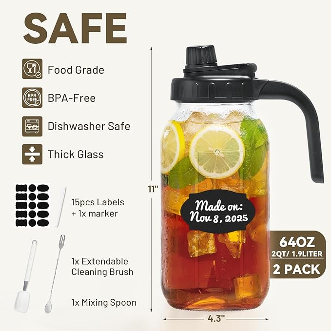 2 Pack Mason Jar Pitcher - Airtight & Leakproof Glass Pitcher with Lid, Perfect for Juice, Cold Brew, and Sun Tea - 2 Quart (64 oz) Mason Jar with Pour Spout Lid + Mixing Spoon, Brush, Labels
