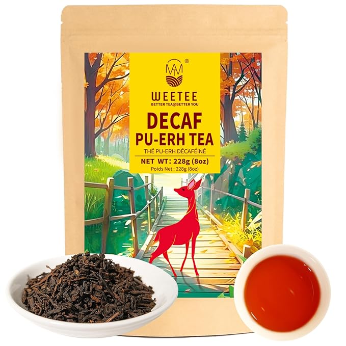 WT WEETEE Decaf Puerh Tea Loose Leaf, 110+ Cups Made of CO2-Decaffeinated Ripe Pu-erh Tea Leaves, Smooth & Sweet | Fermented Dark Tea