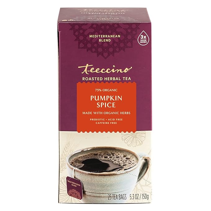 Teeccino Pumpkin Spice Herbal Tea - Rich & Roasted Autumn Harvest Tea That’s Caffeine Free & Prebiotic for Delicious Comfort, 25 Tea Bags