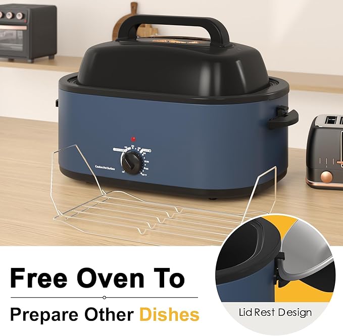 RoyalCraft 22-Quart Electric Roaster Oven with Visible Self-Basting Lid, Turkey Roaster Oven with Removable Pan and Rack, Perfect for Large Meals and Holiday Feasts, Blue