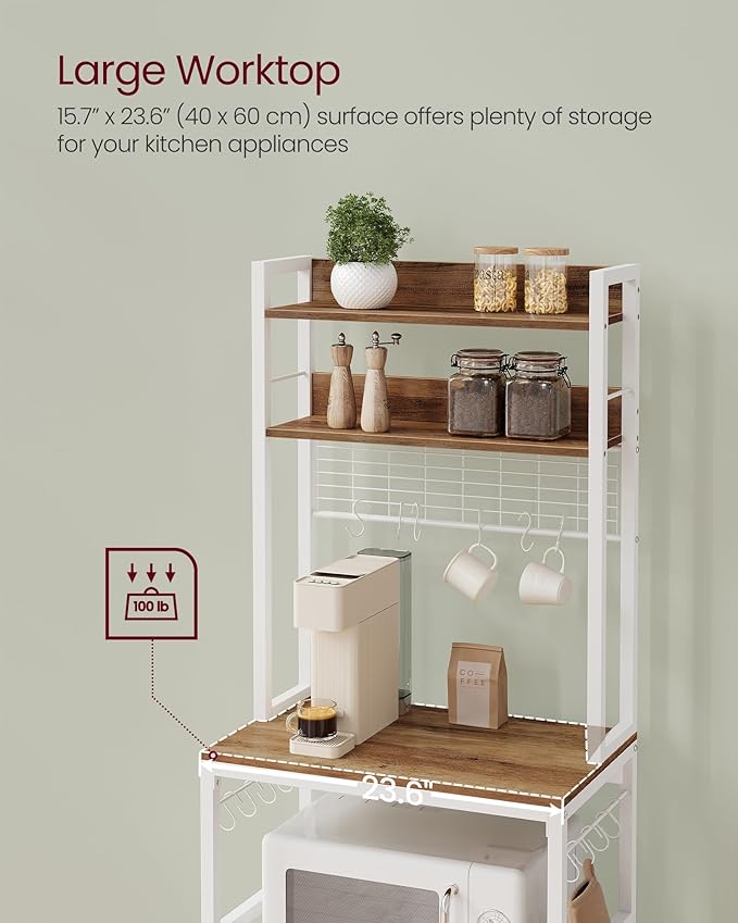 VASAGLE Bakers Rack with Power Outlet, Microwave Stand, Kitchen Tall Utility Storage Shelf, with Metal Wire Panel, 14 Hooks, 15.7 x 23.6 x 66.9 Inches, Rustic Walnut and Cloud White UKKS037W41