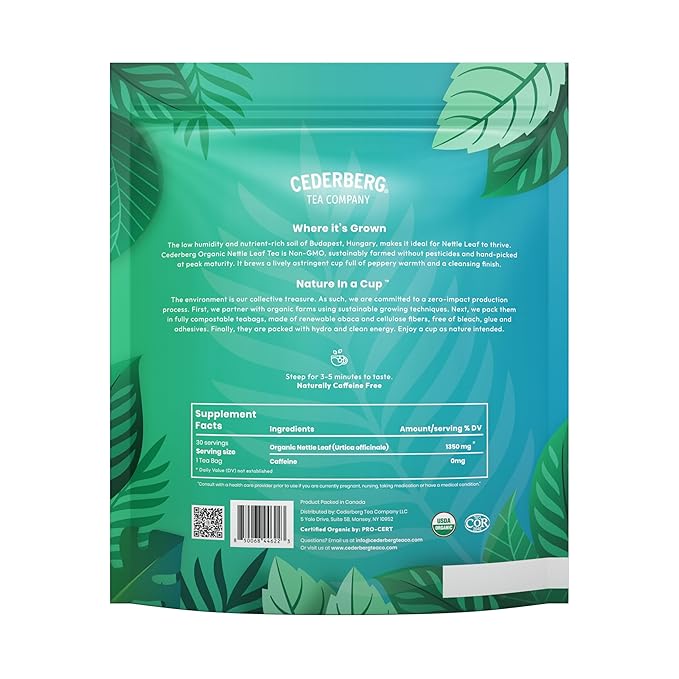 Cederberg Tea Company Organic Nettle Leaf Tea — 30 Tea Bags | Organic Herbal Tea From Single Origin | Eco-Friendly Tea Bags | Non-GMO Caffeine Free Tea With Zero Sugar