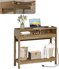 Foldable 38" Console Table with Charging Station & Storage, Side Table with Charging, Entryway Table with Anti-Tip Design,Rustic,Rustic Brown